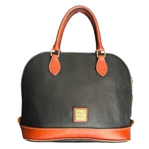 Dooney & Bourke Black Pebbled Leather Dome Satchel Brown Trim Top Handle Bag